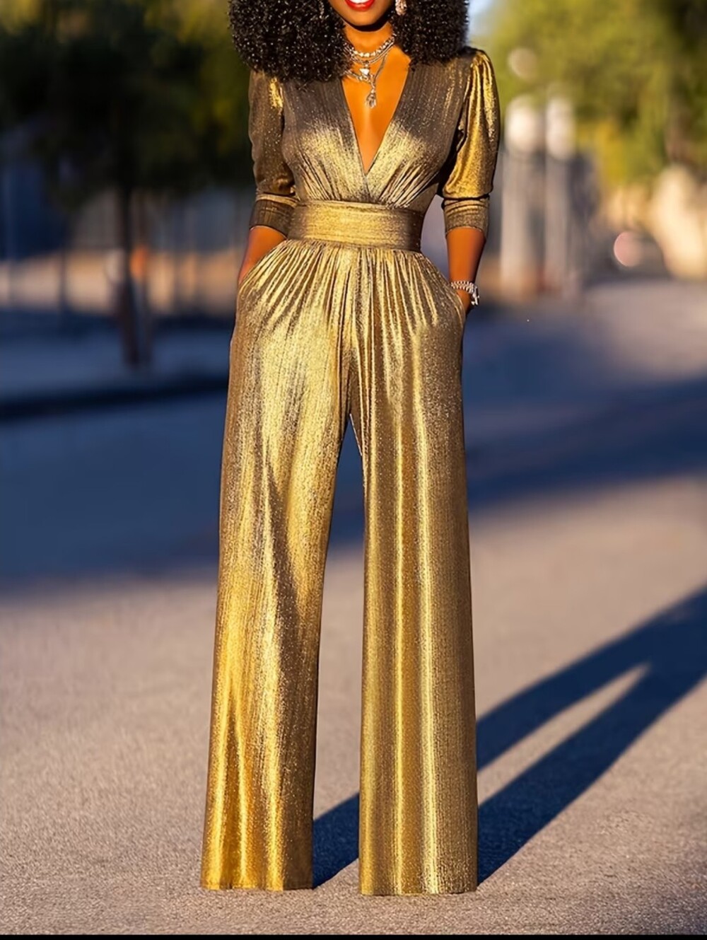 Women's Shiny Deep High Waist Wide- Jumpsuit - Elegant Three-Quarter Sleeve Body - Picture 2 of 8